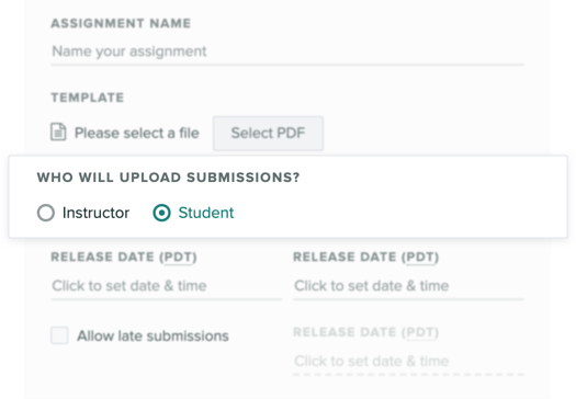 Assignment settings focused on the setting to indicate who uploads submissions to the assignment