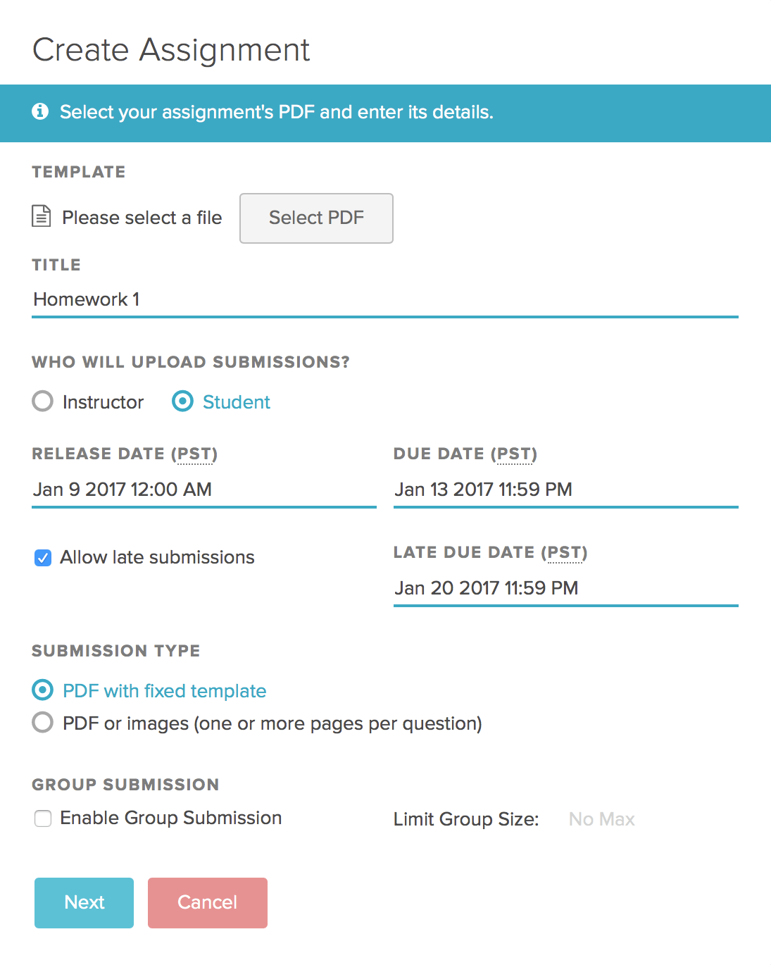 Customizable online assignment submission