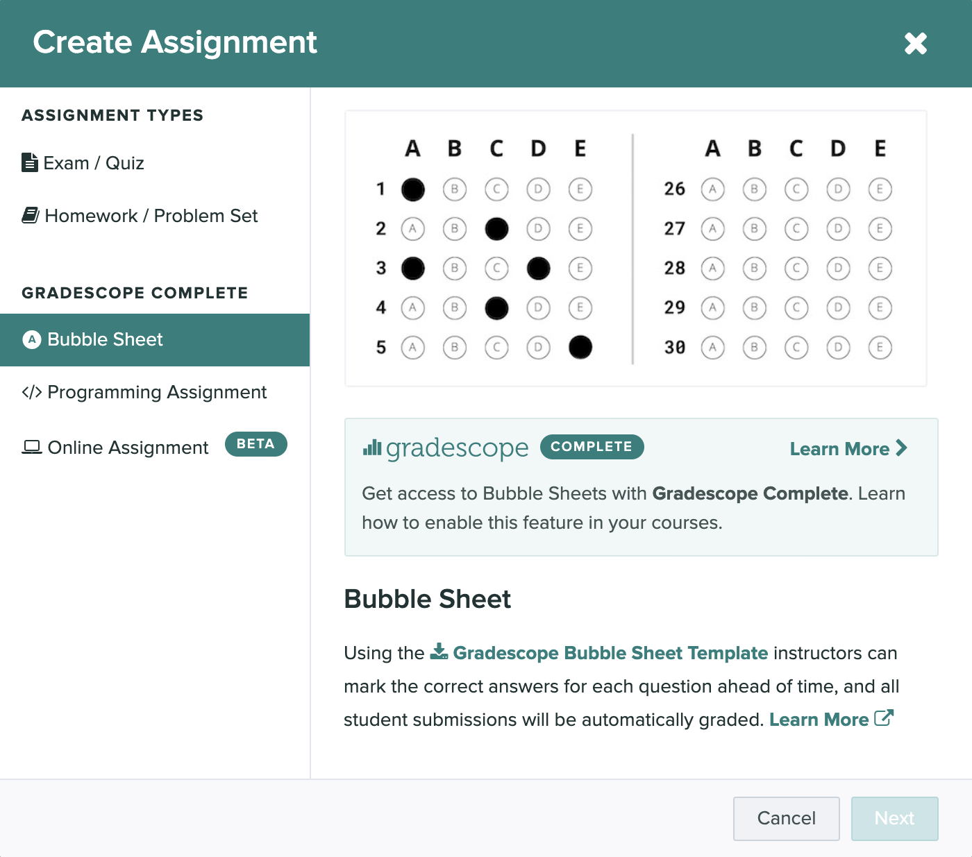 The create assignment modal is open and the bubble sheet option is selected.