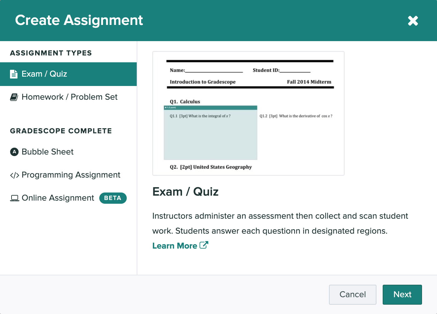 The create assignment modal is open and the exam / quiz option is selected.